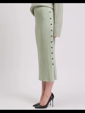 Tory Burch Mint Green Ribbed Button-Trim Midi Skirt
